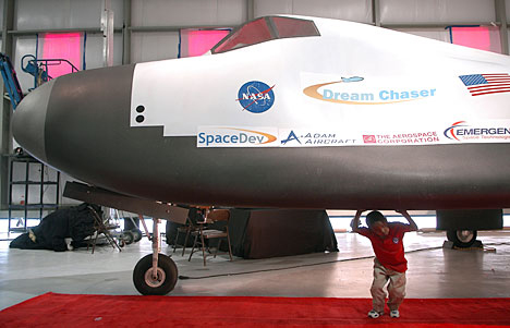 A full-scale mockup of the SNC Dream Chaser spacecraft.